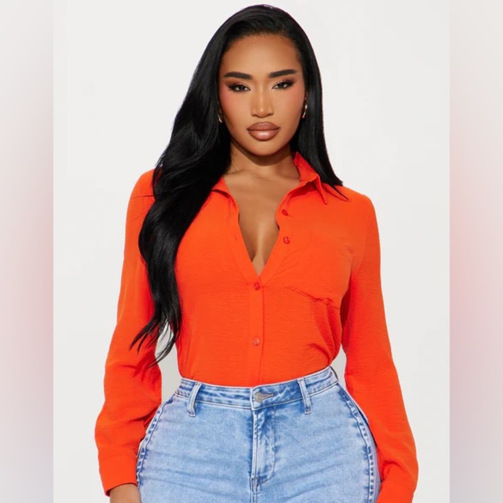 Fashion Nova Vibrant Orange Button-Down Shirt